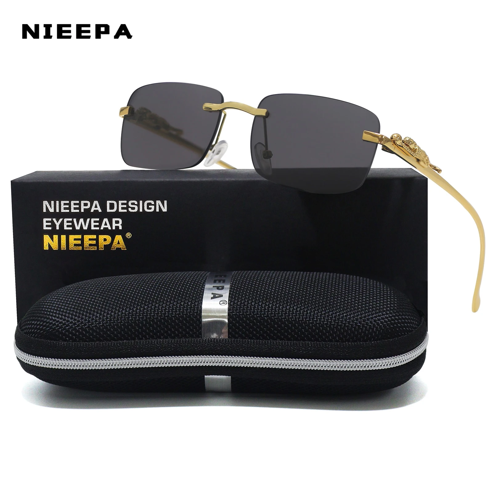 

Новинка 2022, прямоугольные солнцезащитные очки без оправы, женские ретро-очки с украшением гепарда и прозрачными океанскими линзами, мужски...