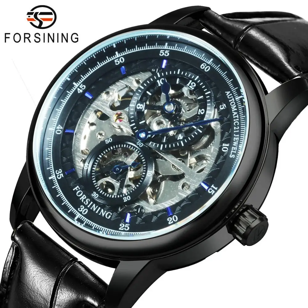 Часы наручные мужские механические с автоподзаводом крутые черные ремешком из