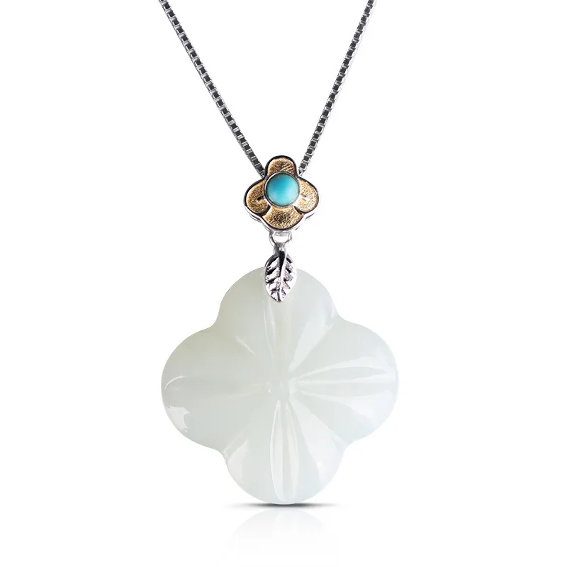 

style jewelry with certificate 925 pure silver inlaid with natural turquoise buckle, clover and Tian jade pendants
