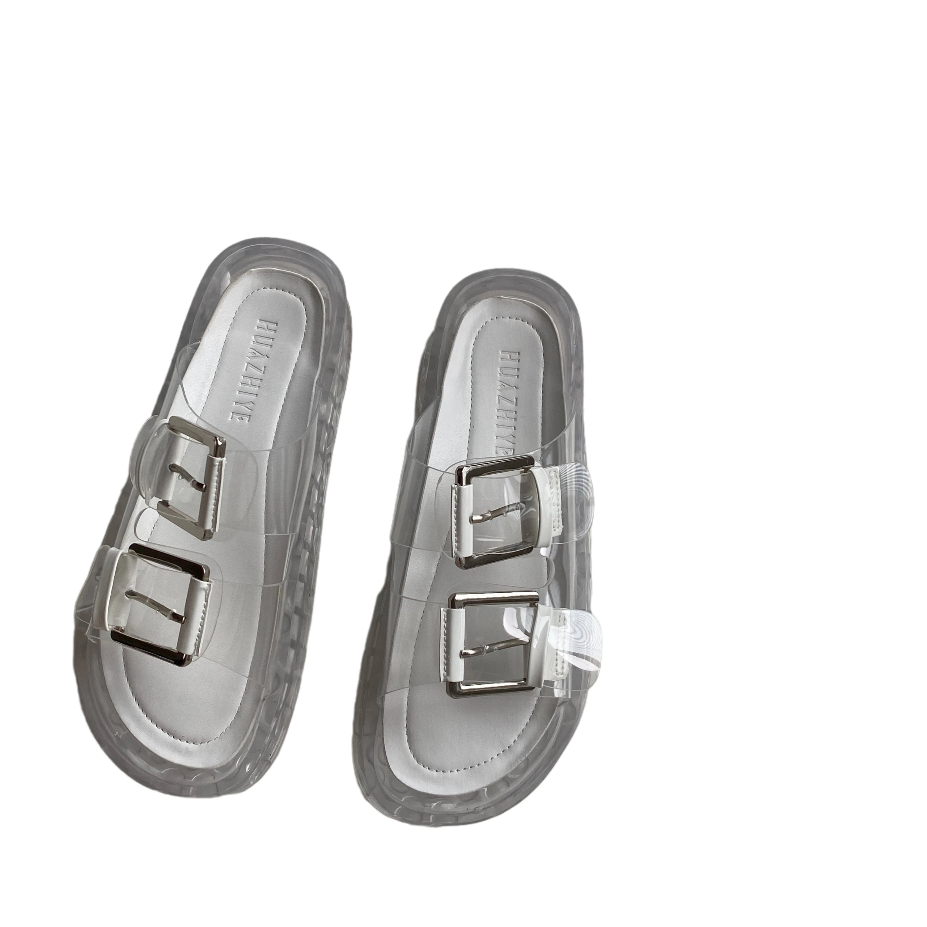 

Slides Transparent PVC Jelly Women's Slippers Chain Belt Buckle Open Toe New Summer Sandals 2021 Black White Casual Women Shoes