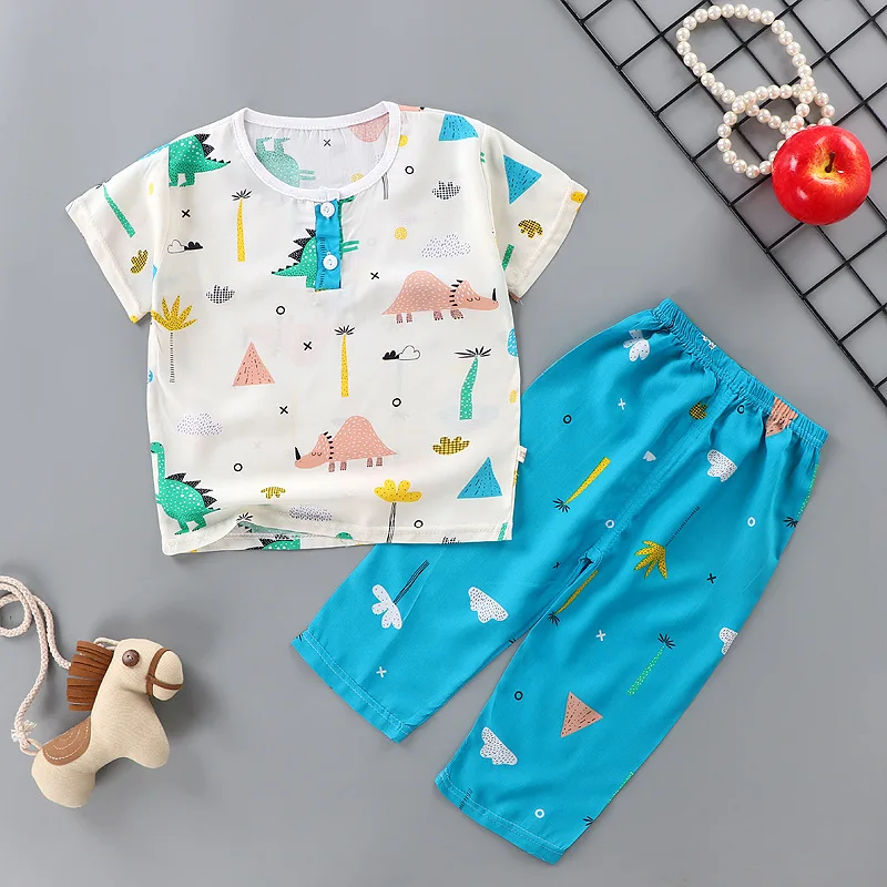 Детские пижамы Летний Тонкий хлопковый домашний костюм с футболкой короткими