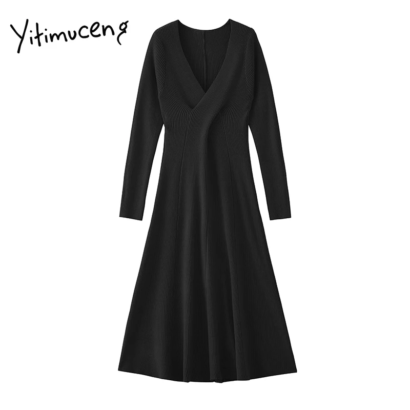 

Yitimuceng Red Dress for Women Sexy V-Neck Knitted Party Evening 2020 Fashion Clothing Black Long Sleeve Soft Stretch Solid Fall