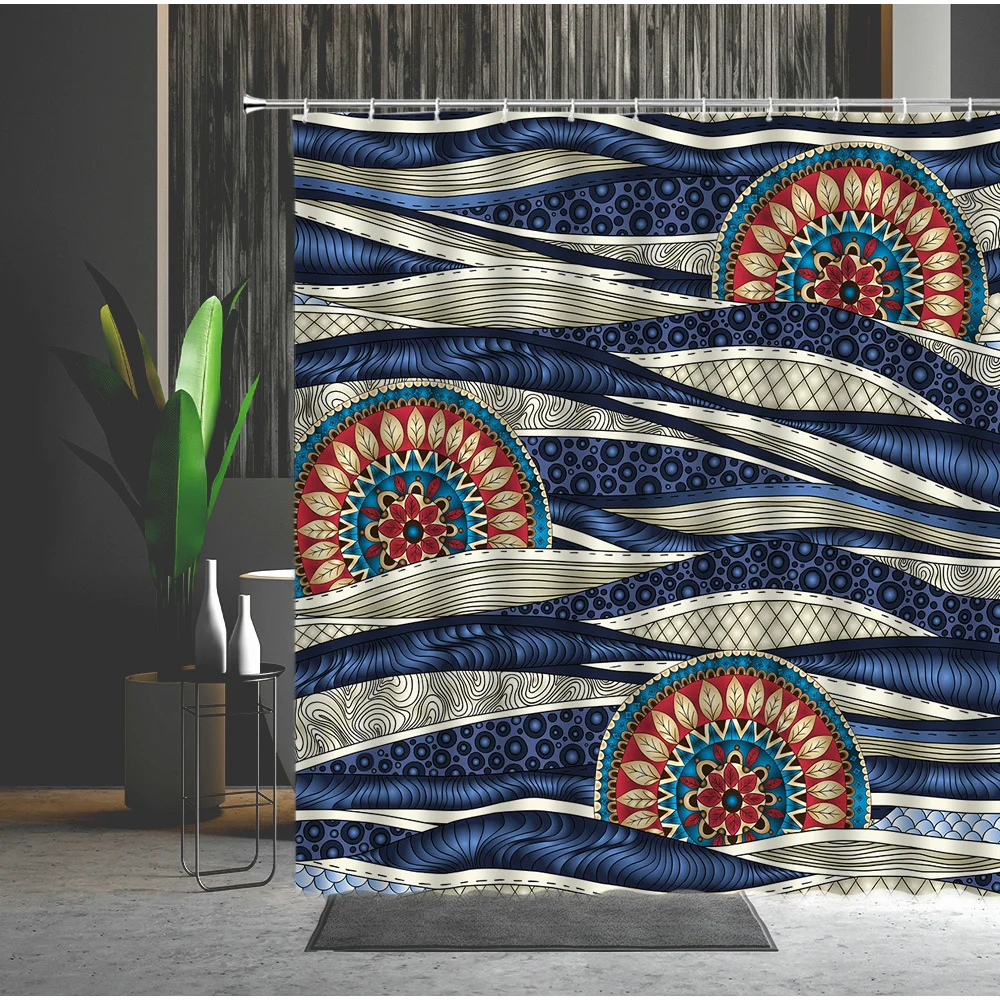 Занавеска для ванны в японском стиле с изображением ландшафта волнистая стая