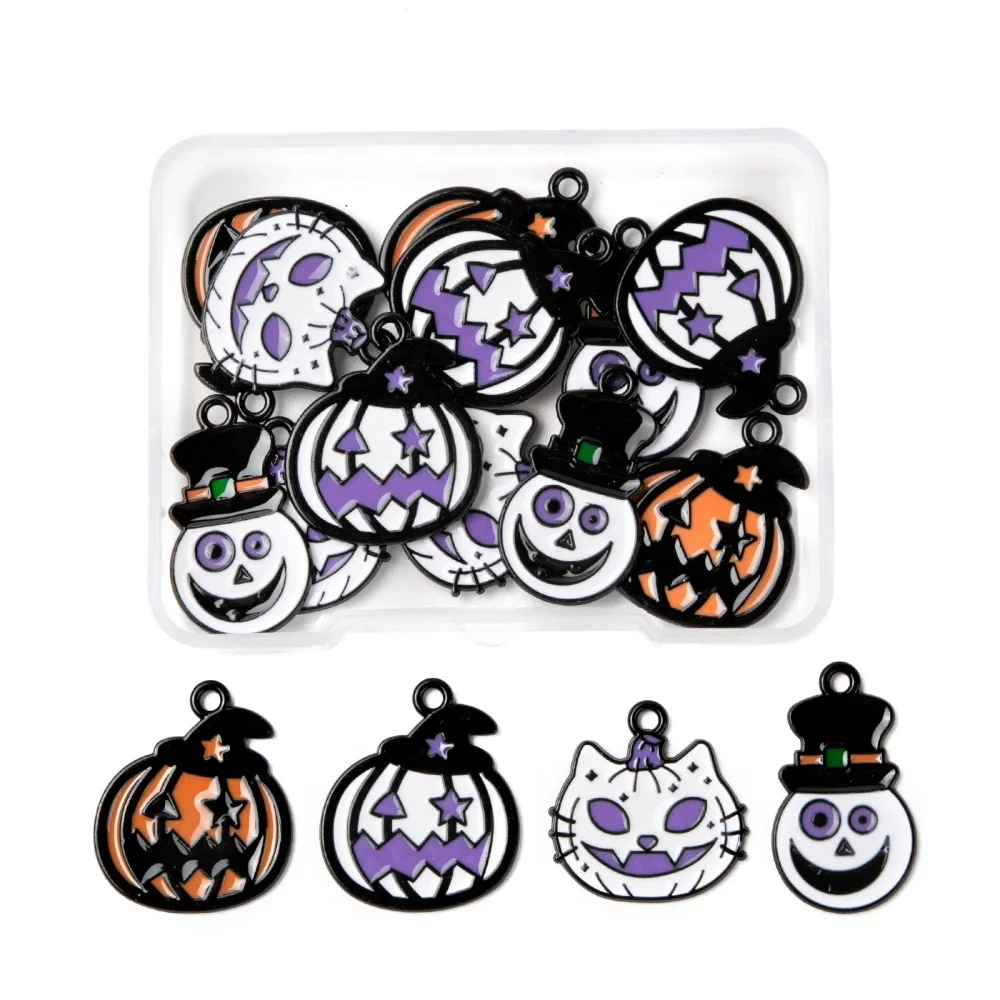 

16pcs/Box Alloy Enamel Pendants Grimace Pumpkin Cat Charms for DIY Halloween Theme Bracelet Necklace Decor Accessories Mix Color