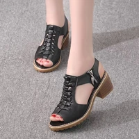retro elegant mid heel womens sandals summer style open toe cross lace zipper design new hot sale fashion womens shoes