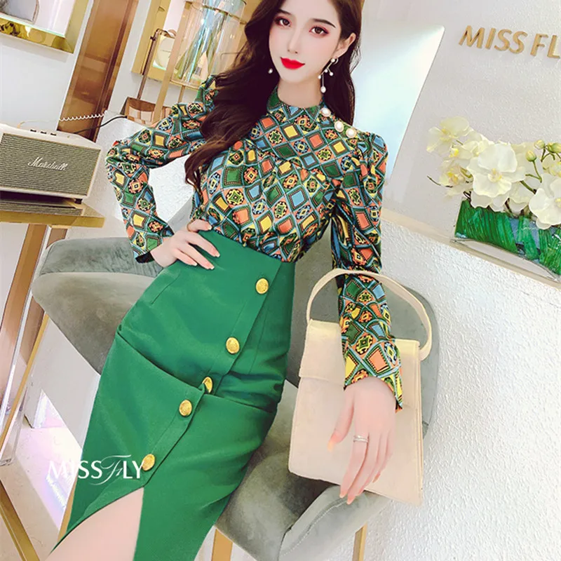New runway skirt suits women's Elegant vintage Retro Flowers printed blouse shirts tops + sexy Cut Bottons skirt suits set NS321