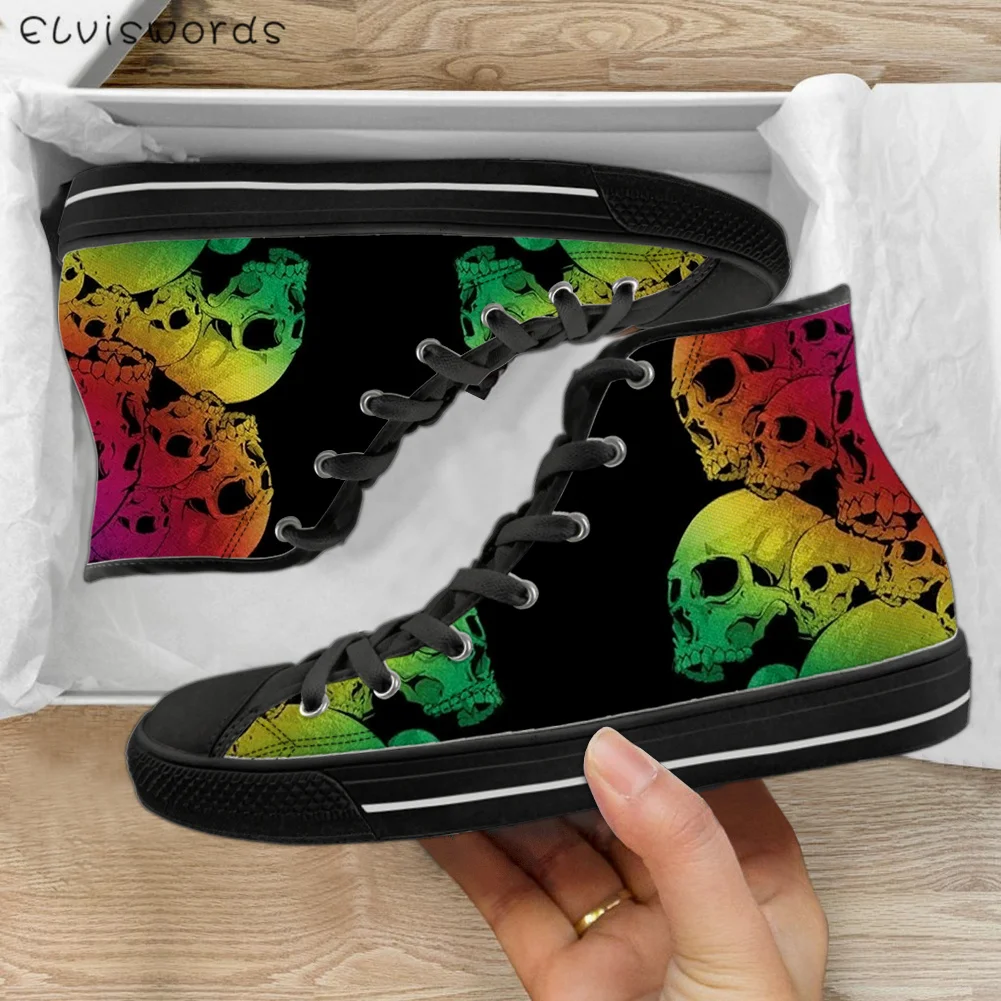

ELVISWORDS Men's High Top Canvas Shoes Gradient Punk Skull Print Brand Design Male Lace Up Vulcanized Sneakers Zapatillas Mujer