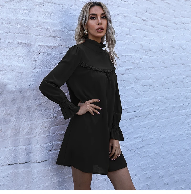 

Spring Summer Loose Solid Short Dress for Women 2021 New Casual Flare Sleeve Turtleneck Edible Tree Fungus Ladies Dresses