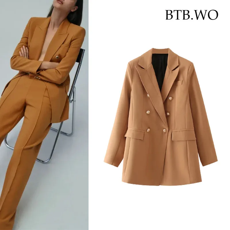 

BTB.WO Za 2021Women Fashion Office Wear Double Breasted Blazer Coat Vintage Long Sleeve Welt Pockets Female Outerwear Veste