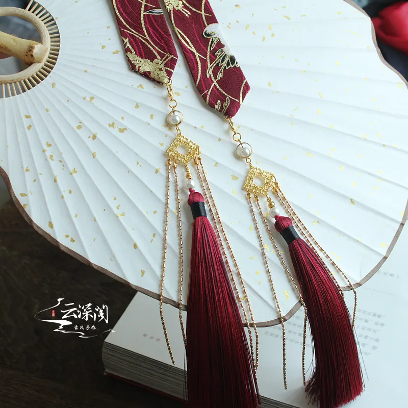 Light purple cranes Наденьте на лоб ленту для волос hanfu tassel горячее тиснение парча Карп съемная бахрома кран шины аксессуары для волос - Цвет: Light purple cranes