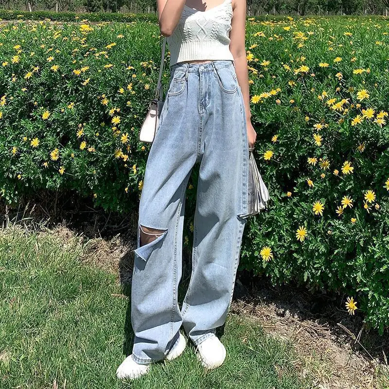 

Новые прямые джинсы FAKUNTN с высокой талией, женские свободные широкие брюки на лето и осень, Модные Винтажные джинсы с дырками в Корейском сти...