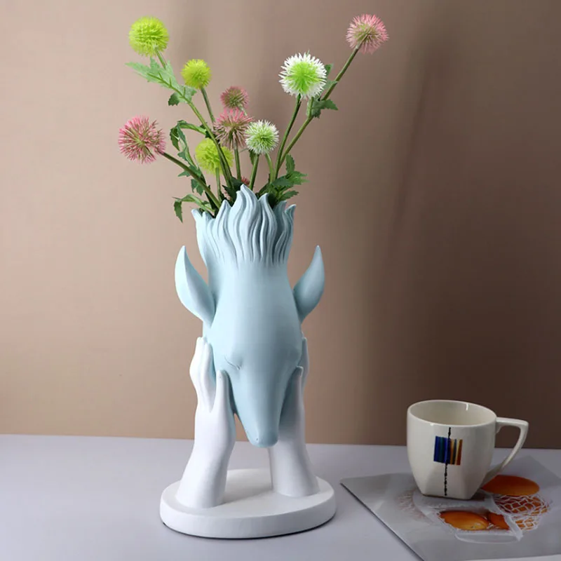 

YuryFvna Nordic resin flower pinch creative Morandi deer head vase ornaments home craft deer flower pots ornaments