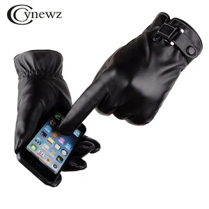 Мужские перчатки черные плюс бархатные рукавички эластичные полный палец Сенсорный экран ветрозащитные мужские зимние кожаные перчатки бизнес