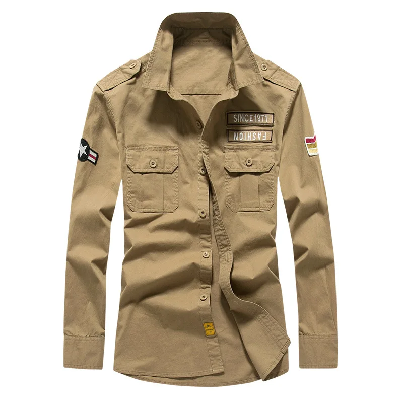 Мужская хлопковая рубашка в стиле милитари однотонная армейская зеленая