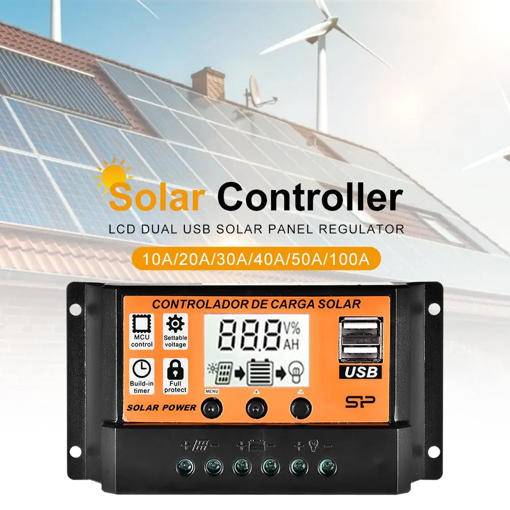 High Quality MPPT 10A/20A/30A/40A/50A/100A Auto Solar Charge Controller LCD Screen Dual USB Panel Regulator 