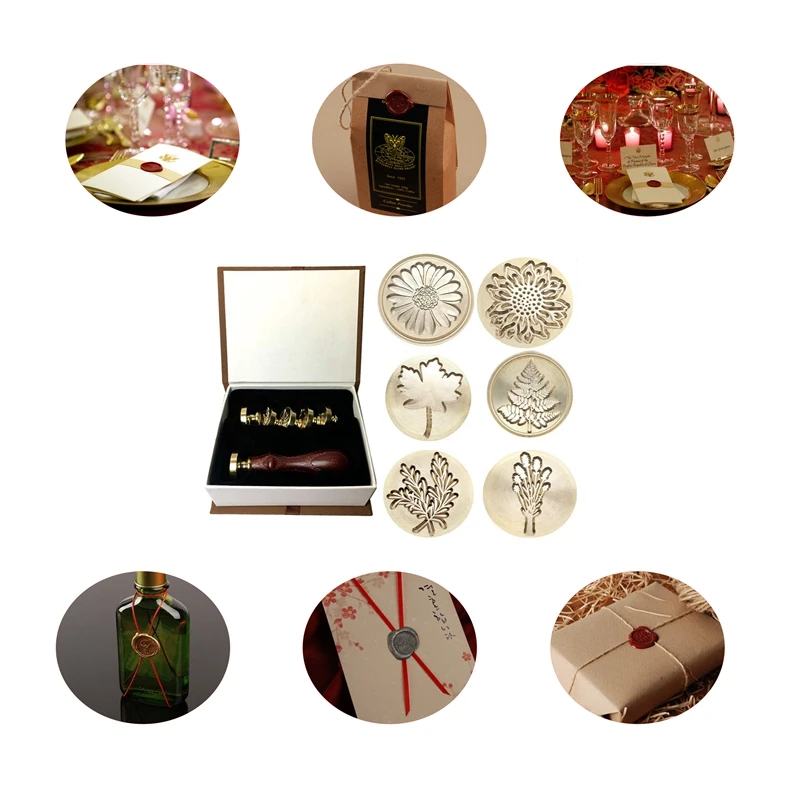 

Moorlando Wax Seal Stamp Set, 6Pcs Botanical Sealing Wax Stamp Brass Heads + 1Pc Wooden Handle With A Gift Box Vintage