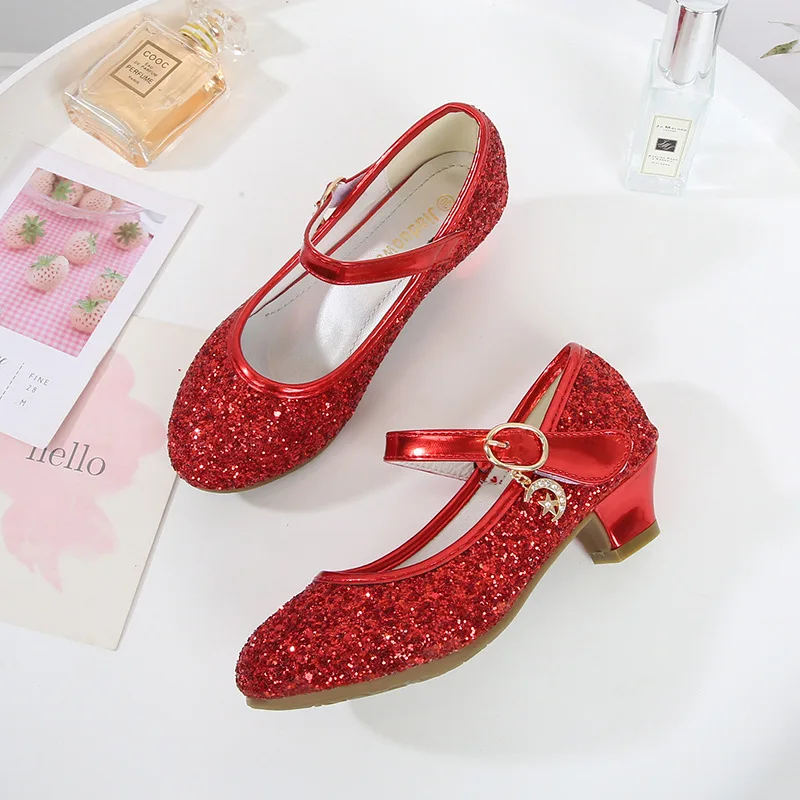 ULKNN Kids High Heel Shoes Girls Leather Shoes Flower Casual Pink Glitter Children 2021 Girls Shoes Butterfly Knot size 26-38