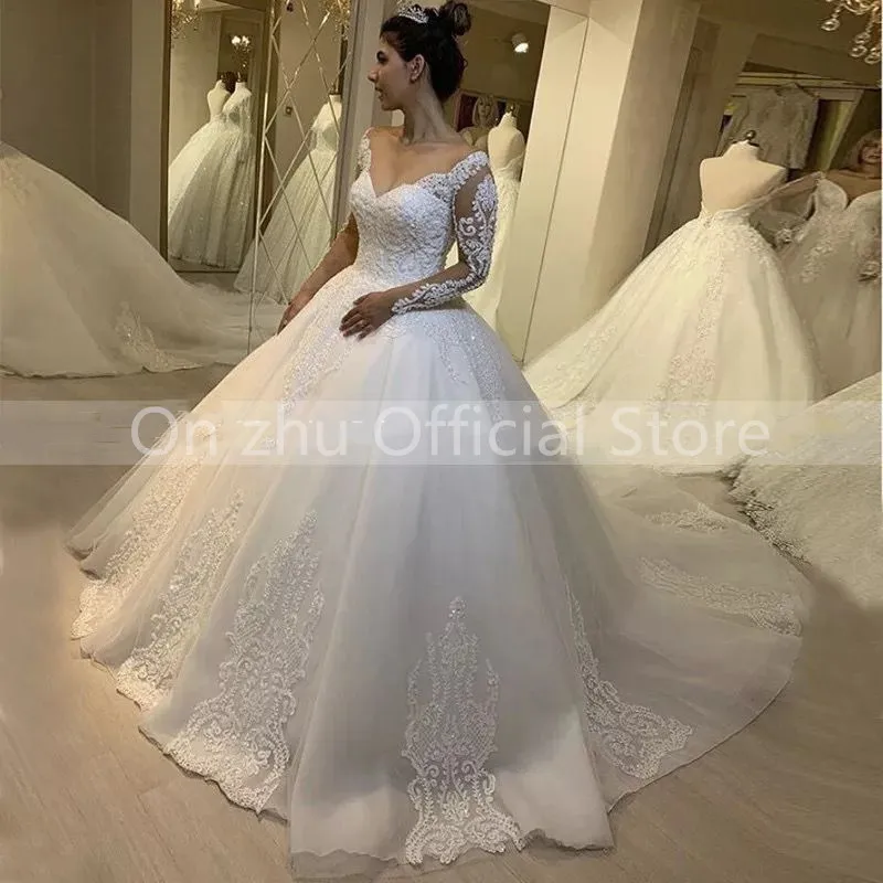 

Luxury White Wedding Dresses Lace Up Appliqued Beaded Vestido De Noiva 2022 Custom Made Ball Gown Bridal Dress Long Chapel Train