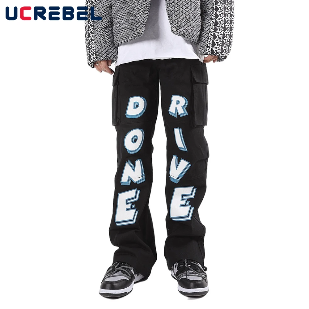 

Letter Print Denim Pants Mens High Street Zipper Decoration Straight-leg Pants Streetwear Casual Jeans Men