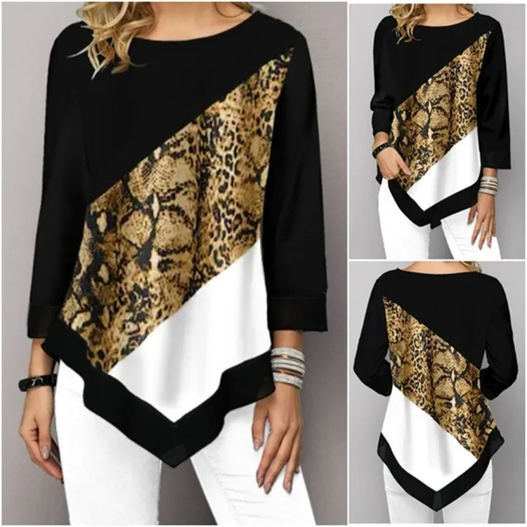 

Женская рубашка с цветочным принтом, осенние Рубашки с асимметричным подолом для женщин, топы с круглым вырезом и рукавом 3/4, Повседневная р...