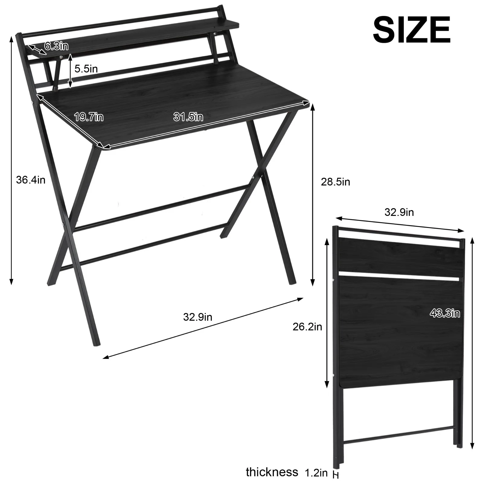 

Folding Desk for small spaces no assembly Foldable Laptop Table 32 inch Study Writing Table Computer Desk for Home Office Black