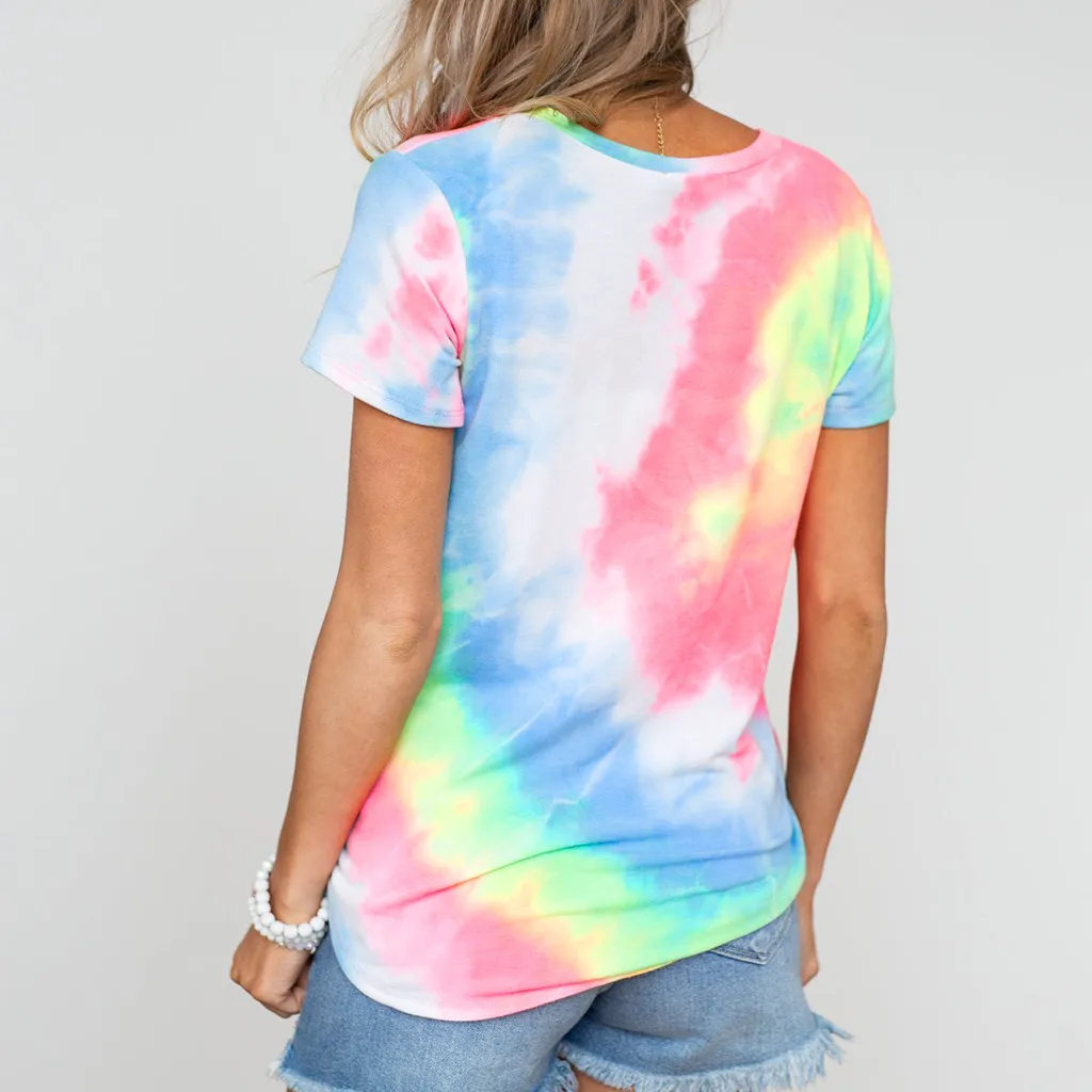 Tie Dye женская футболка лето футболки туники с коротким рукавом сексуальная V