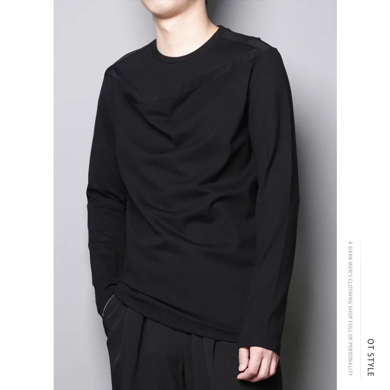 

Men's Long Sleeve T-Shirt Spring New Black Slim Fit Men's Personalized Wrinkle Design Fashion Leisure Solid Color Simple Retro
