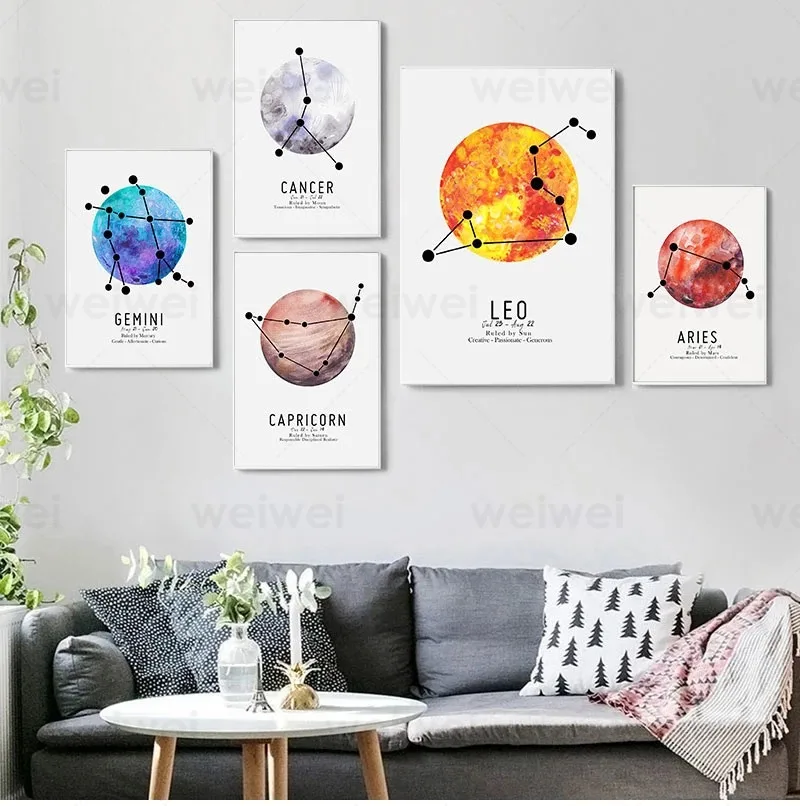 

Wall Painting Canvas Art Print 12 Zodiac Signs Constellation and Planet Pictures for Home Design Posters and Prints Living Room