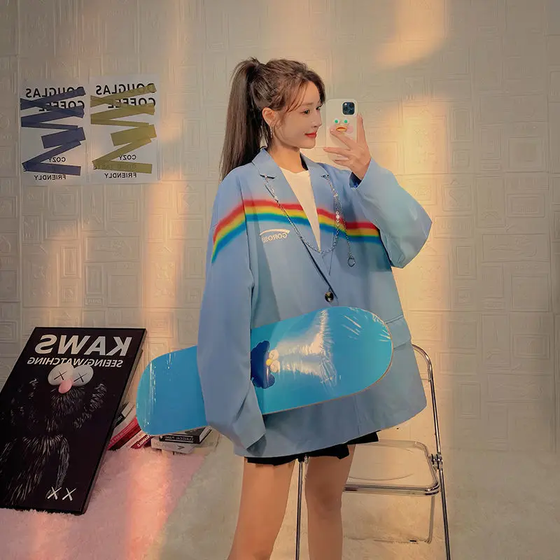 Blazer Women 2021 Spring Rainbow Print Small Suit Female Trend Cool Girl Style Loose Casual Couple Jacket Unisex +Matching Chain