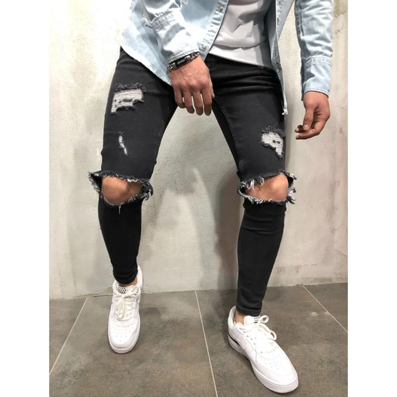 

E-BAIHUI Mens hip hop jeans Distressed Ripped Biker Jeans Slim Fit Stretch Jeans Brand streetwear Men's Fashion Mens Jean 11098