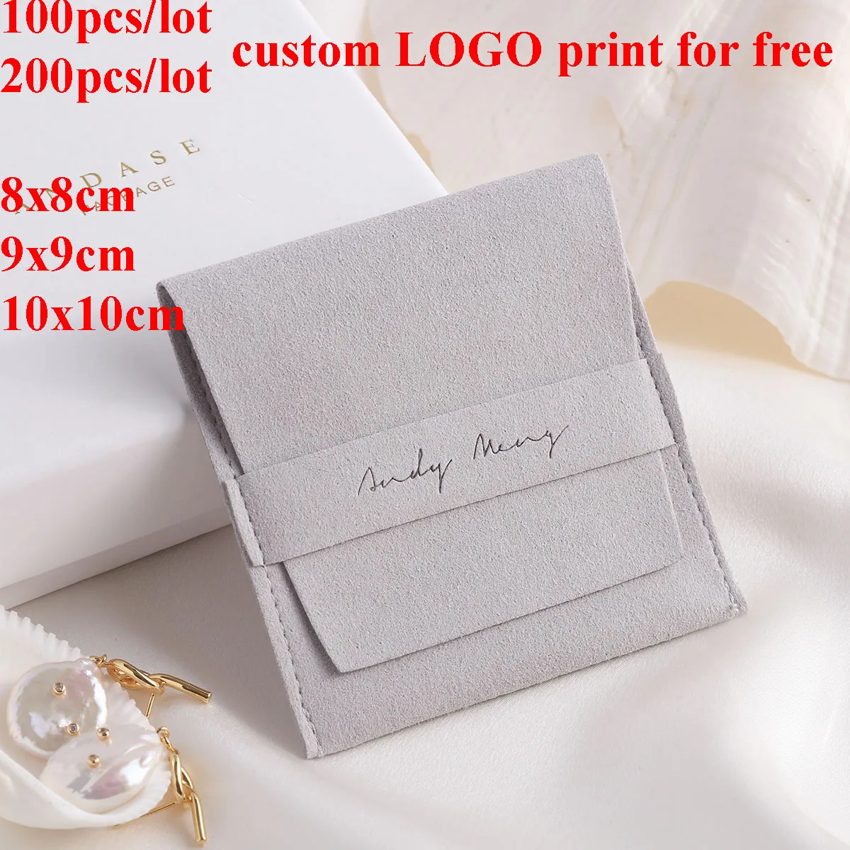 50pcs100pcs 200pcs 8X8cm 9x9cm 10x10cm Suede Flap Envelope Pouches Grey Custom Logo Gift Bag Jewelries Pouch for Ring Earrings