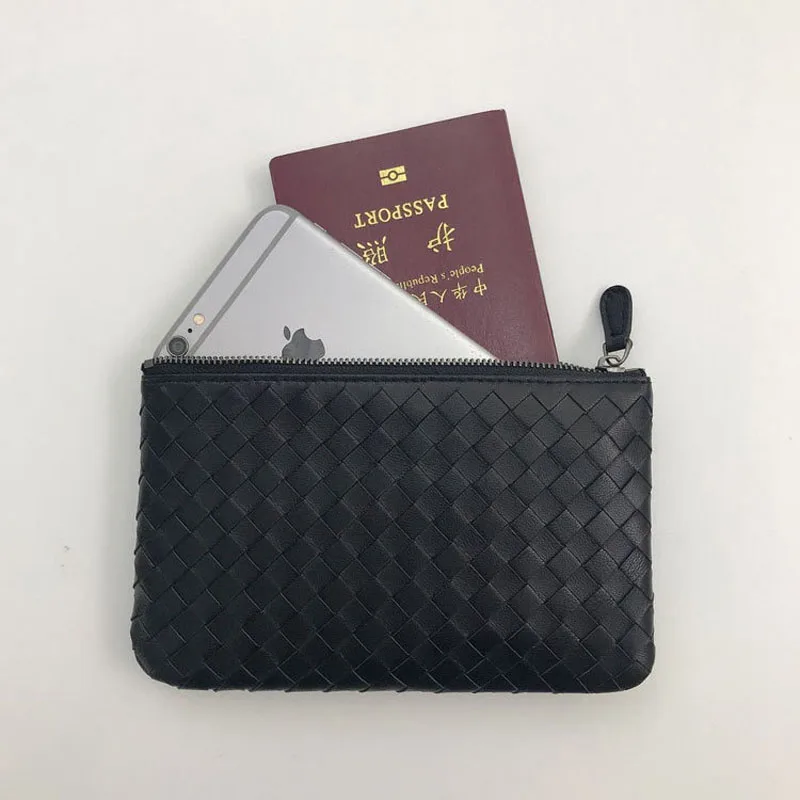 

Genuine Leather Woven Envelope Clutch Purse with Wriststrap Credit Cards Phone Holder Bag with Key Ring