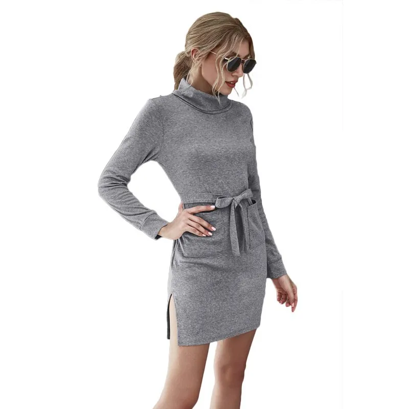 

Turtleneck Knitted Autumn Winter Dress Women Elegant 2020 Long Sleeve Pockets Wrap Mini Bodycon Dresses For Women Vestidos