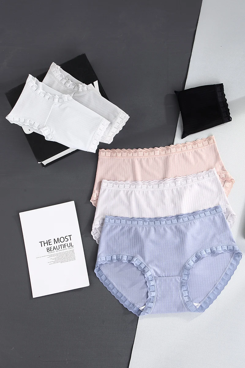 

Women's underwear, pure cotton crotch, Japanese cute mid-waist, ice silk, breathable triangle sexy lace, large size seamless gir