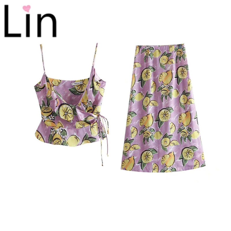 Lin модный винтажный укороченный топ и юбка миди лимонная две детали с принтом
