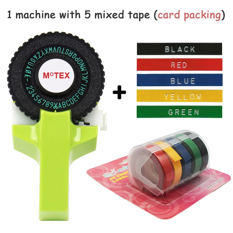 Зеленый цвет MoTex E101 принтер мини DIY Ручная Совместимость для dymo 3D тиснение ручная лента ручная машинка надпись машина - Цвет: machine with 5 mixed