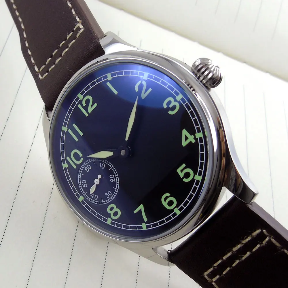 

Nologo Sterile 44mm Mechanical Men Watch Luminous Hand Glass Back 6497 Movement Leather Band