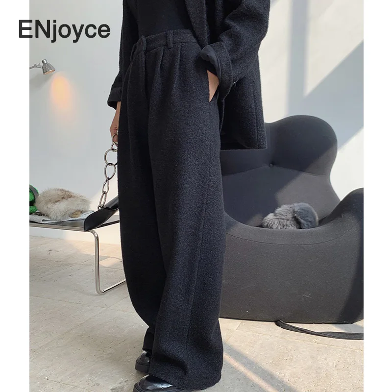 Women High Waist Wide Leg Plus Long Wool Harem Pants Ladies British Loose Trousers 2020 Streetwear Thick Winter Suit Pants