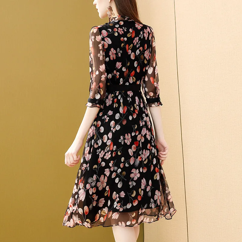 Летнее платье из натурального шелка 100% элегантное женское с цветочным принтом