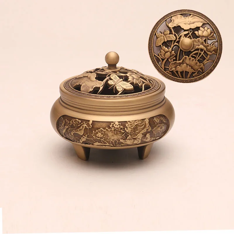 

Copper craftsman's three legged incense burnerhousehold Zen Xuande stove plate sandalwood burner carving incense burner pure