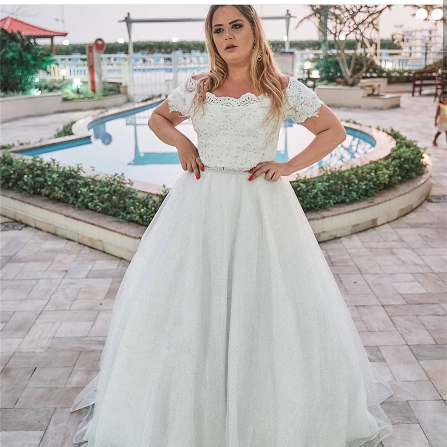 

Платье Свадебное ТРАПЕЦИЕВИДНОЕ с вырезом лодочкой, аппликацией и блестками, длиной до пола и шлейфом, 2021