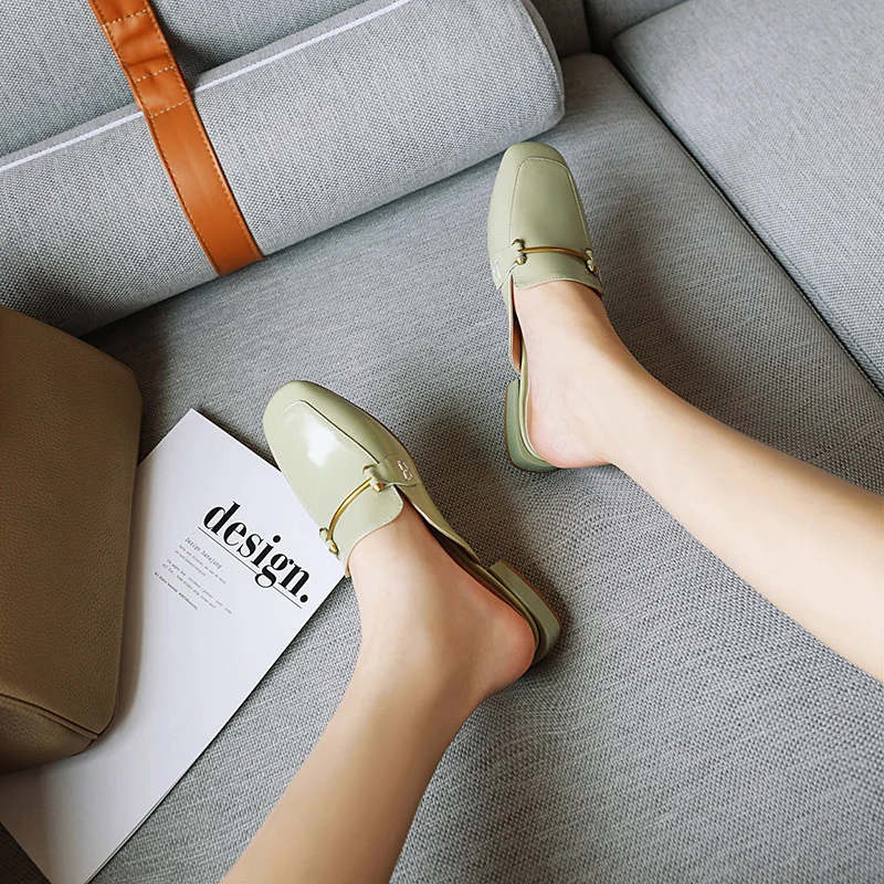 

WETKISS Summer Women Slippers Flat Low Heel Slip On Slides Metal Decoration Mules Square Toe Women Casual Shoes New Fashion