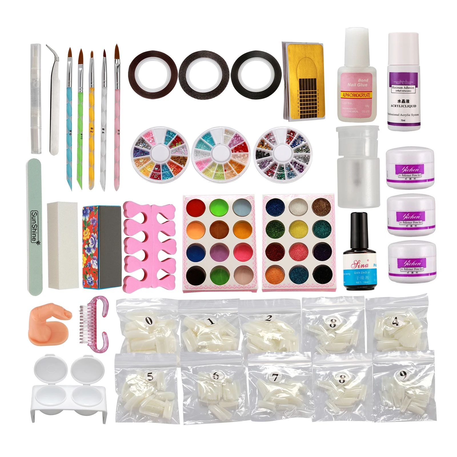 Acrylic Glitter Powder / half nail tips /Primer Tips Brush Glue Dust Nail Art DIY Full Set Kit  #13