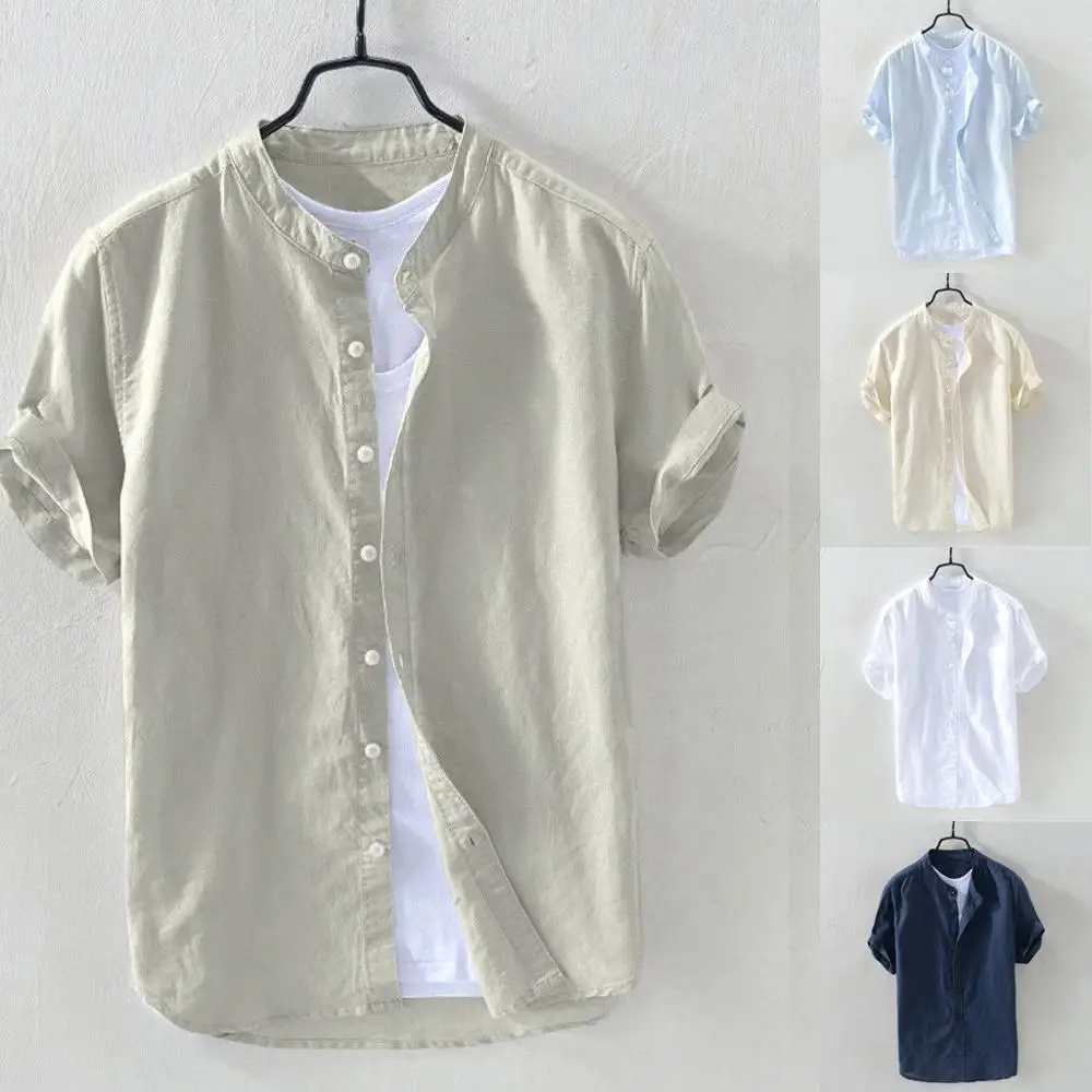 

Shirt Men summer Short-sleeved Baggy Cotton Solid Button Beach Shirts Daily Retro high quality New fashion 2020
