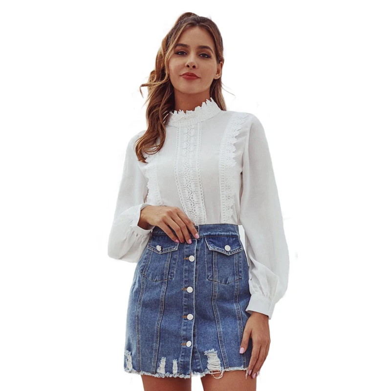 Женская Повседневная Милая белая кружевная шифоновая блузка в стиле пэчворк |
