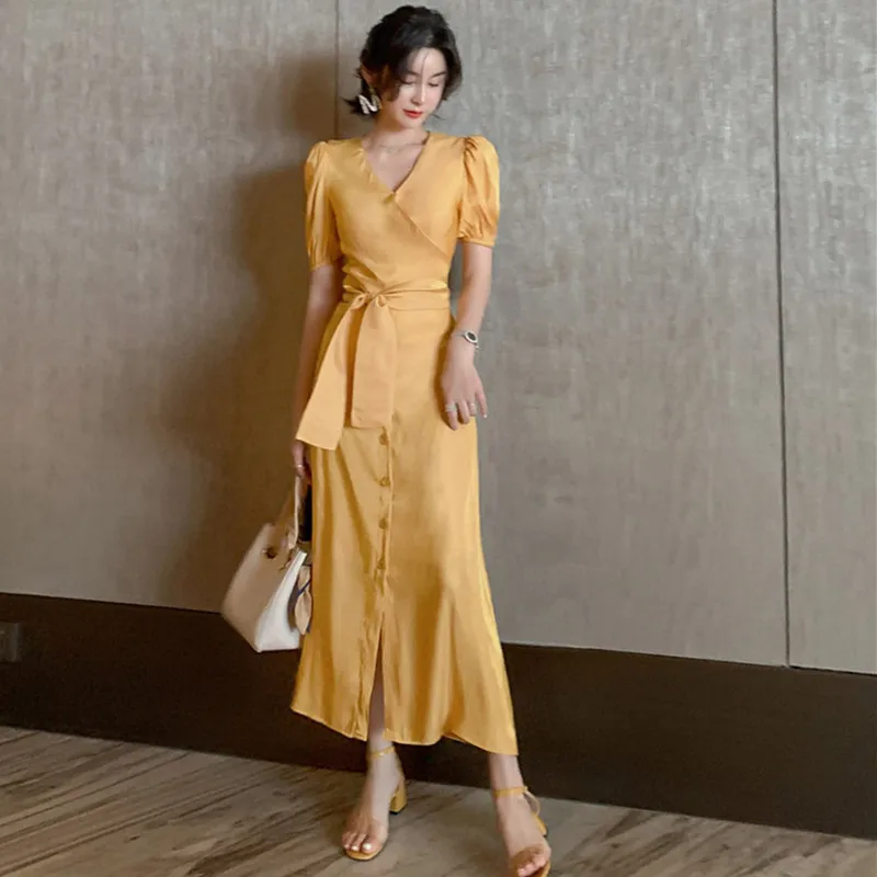 

Женское платье-корсет средней длины, желтое Элегантное повседневное пляжное платье с коротким рукавом, лето 2020