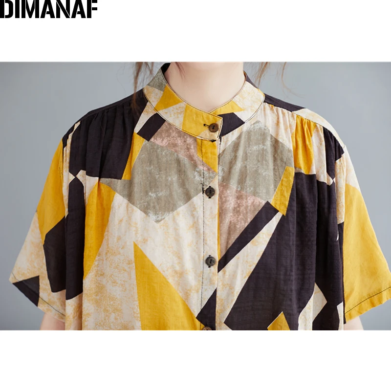 

DIMANAF Oversize Women Dress Cotton Print Summer Sundress Clothing Casual Lady Vestidos Loose Button Cardigan Shirt Dress 5XL