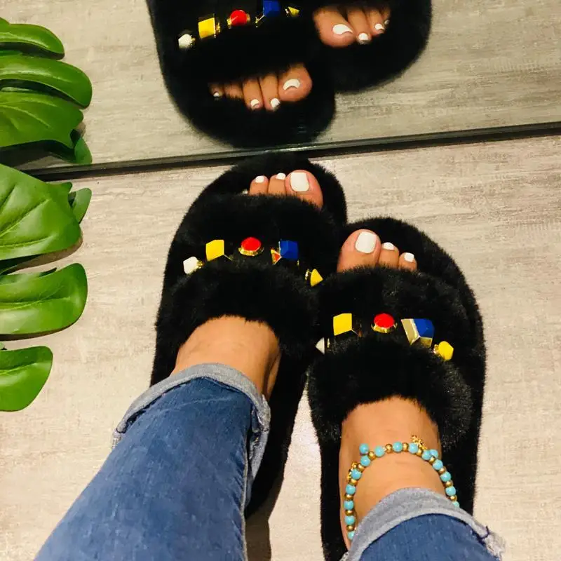 

2021 Faux Fur Sandals Women Casual Sandals Sandals for Woman Female Indoor Shoes House Fluffy Flip Flops Zapatos Mujer sandalias