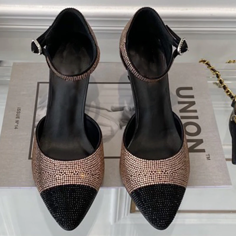 

Luxury Brand Design Women Sandal Crystal Pointed Toe Buckle Strap Party Wedding Pumps Dress Female Shoes Big Size 35-42