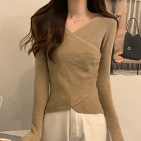 knitting sweaters women long sleeve solid basic casual knitwear female v neck criss cross spring new slim ribbed pullover femme
